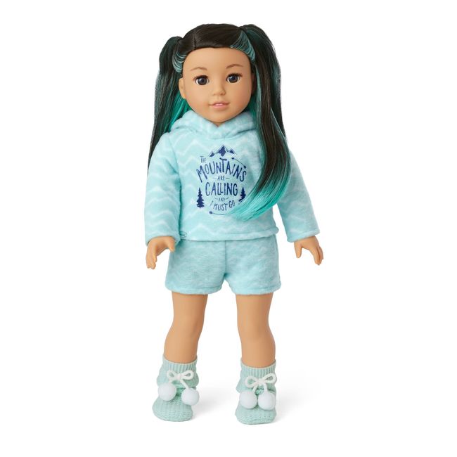 American Girl Corinne Tan Girl of the Year 2022 18-inch Doll Powder Blue Pajamas Outfit with Slipper Socks, For Ages 8+