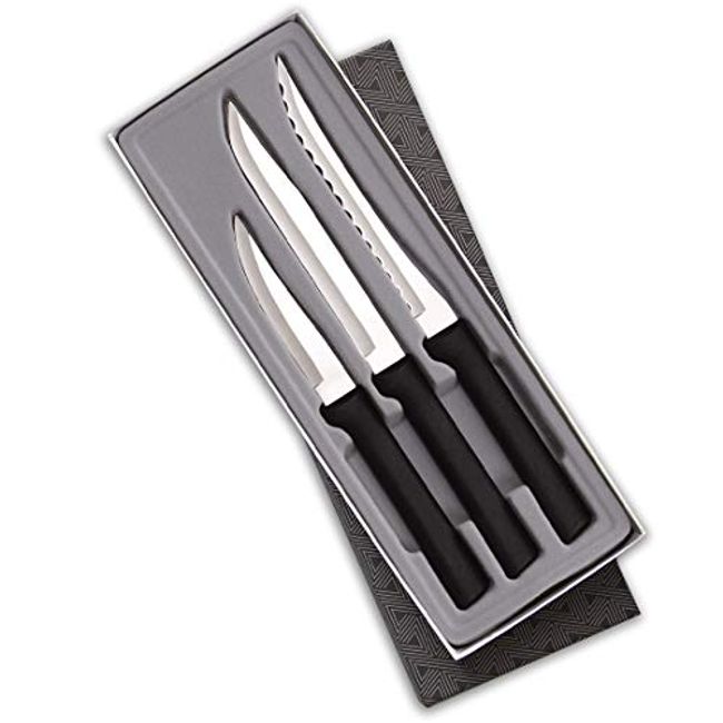 Rada Cutlery Serrated Steak Knife Set Stainless Steel Knives Resin Steel,  Set of 4, 7 3/4 Inches, Black Handle