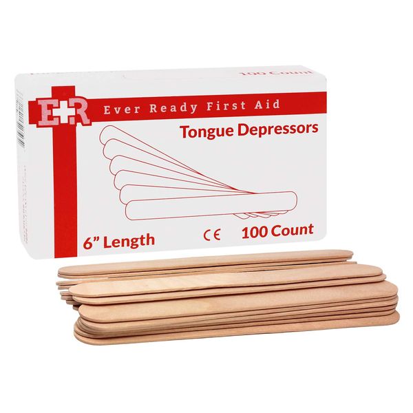 Ever Ready First Aid Wood 6" Tongue Depressors, Medical, All Purpose, Crafts - 100 Count