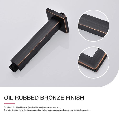 Brushed Bronze Shower Arm with Flange Ceiling Mounted 6 Inch Square Stainless Steel Extension for Overhead Rainfall Shower Head, Oil Rubbed Bronze