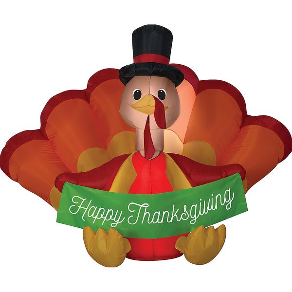 Gemmy Inflatable Turkey With Banner LED Lighted Yard Decoration - 4.5 ft - Multi