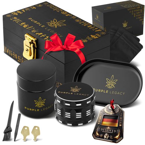 PURPLE LEGACY® Designed in Germany, Gift Set, Grinder Box, Lockable Box Made of Bamboo, Storage Box with Crusher, Tray, UV Glass and Accessories, Storage Box with Lock Grinder, Large