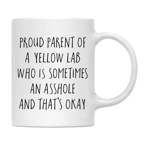 Andaz Press Funny Dog 11oz. Coffee Mug Gag Gift, Proud Parent of a Yellow Lab Who is Sometimes an Asshole and That's Okay, 1-Pack, Mom Dad Dog Lover's Christmas Birthday Ideas, with Gift Box
