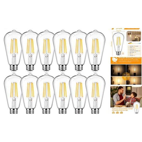 12Packs Vintage LED Edison Bulbs, 60W Equivalent 7W, 800Lumens, Dimmable Yellow