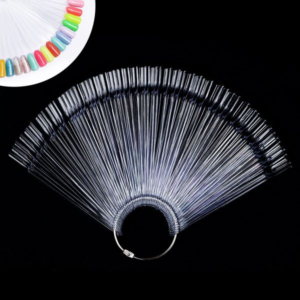 AZUREBEAUTY 50 Pcs Nail Color Sticks with Ring, Clear Fan Shape Nail Art Polish Display Tips, False Nail Sample Sticks, Nail Practice Color Display, Transparent nail Practice-Tips for Manicure