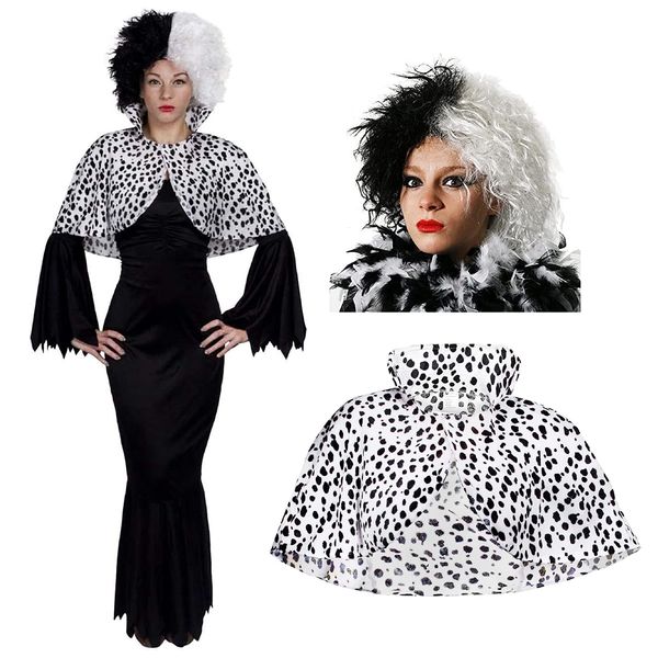 Evil Dog Lady Fancy Dress Costume - Small - Long Black Dress + Half Black Half White Wig + Dog Lady Cape - Perfect for World Book Day