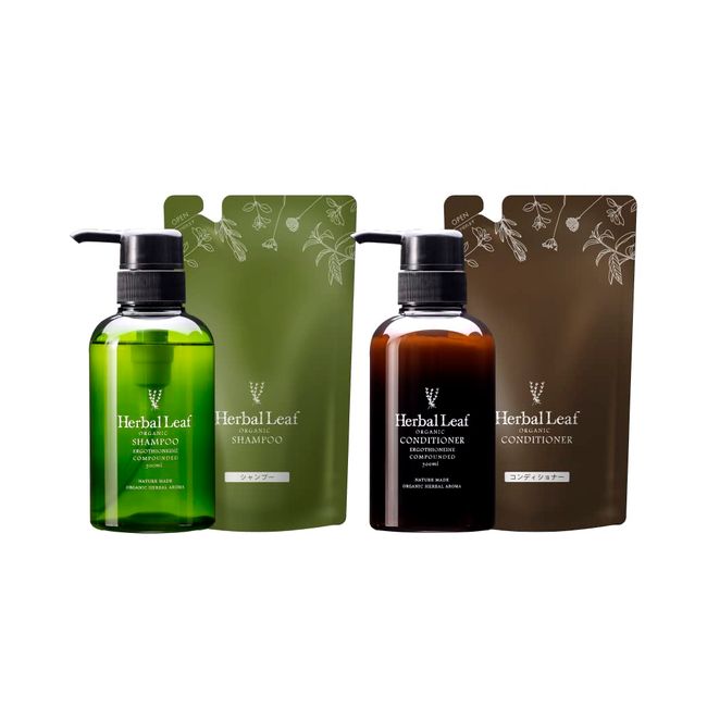 Herbal Leaf Organic Shampoo & Conditioner Refill Set, Made in Japan, Main Unit 10.1 fl oz (300 ml), Refill, 9.8 fl oz (285 ml)