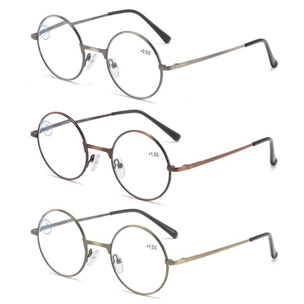 KoKoBin 3 Pack Round Frame Reading Glasses Blue Light Blocking Reader Metal Full Frame Retro Glasses (3 Pack, 1.5, diopters)