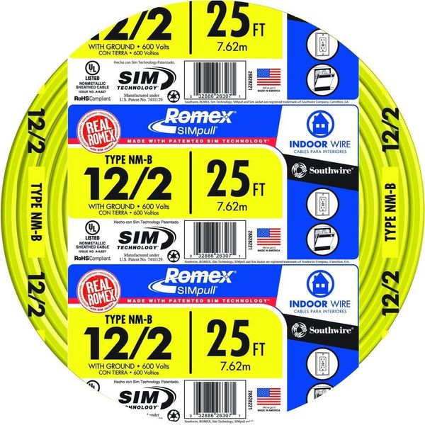 Southwire 28828221 25' 12/2 with ground Romex brand SIMpull residential indoor electrical wire type NM-B, Yellow