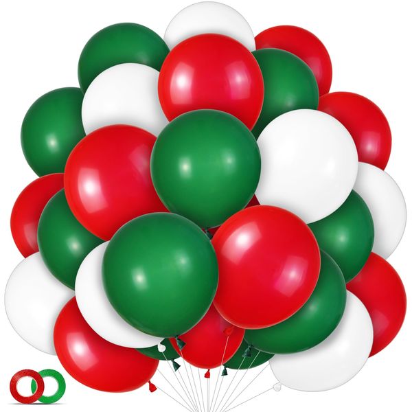 100 Pcs Christmas Red Green Balloons 12 Inch Red Green and White Latex Balloons with 65ft Ribbon for Christmas Birthday Baby Shower Party Decorations