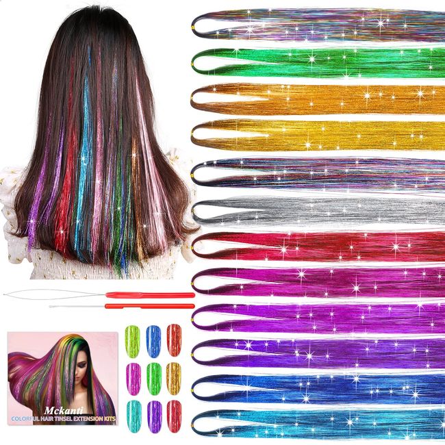 12 Colors Hair Tinsel Kit Glitter Hair Extensions for Women Girls With  Tools