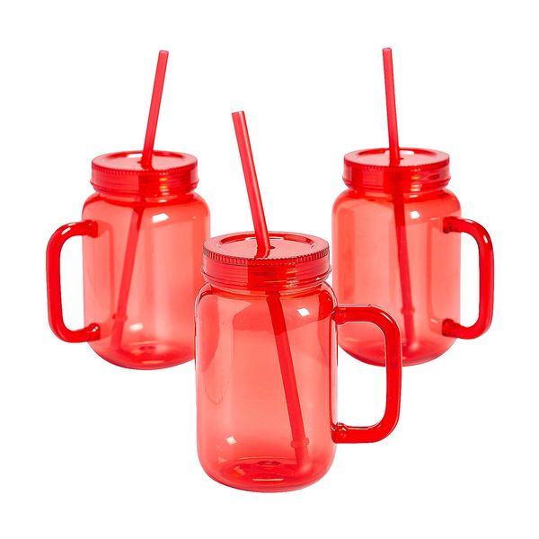 Fun Express 16 oz. Red Reusable Plastic Jar Mugs with Lids & Straws - 6 Ct