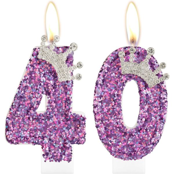 40th Birthday Candles for Girls, Purple Crown Number 40 Candle 40,