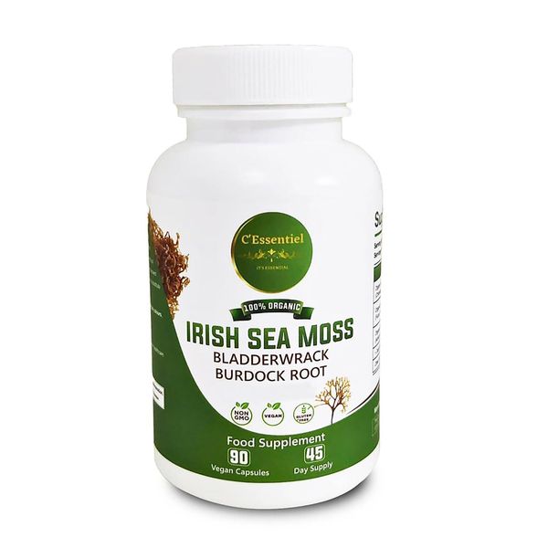 Sea Moss Organic Vegan Capsules with Bladderwrack & Burdock Root | 90 Capsules | 10:1 Extract Equal to 4000mg of Sea Moss Per Serving | Natural Source of Iodine | Non GMO, Gluten Free