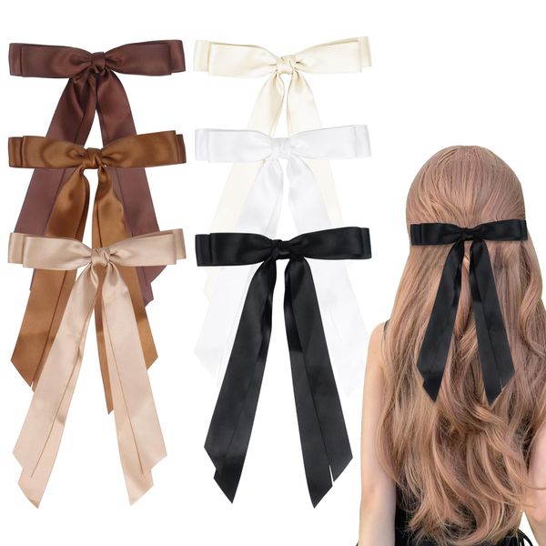 6Pcs Satin Hair Bows 6 Colors Bow Hair Clips, Hair Ribbons for Women Girls Hair Barrettes Clips With Long Tail