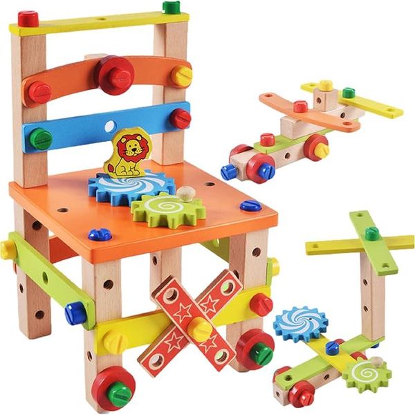 All items 5x points★1/9 20:00~ Rakuten Ranking #1 Carpenter Play Wooden Assembly Toy Educational Toy Montessori Screw Fixing Tool Play Screw Hammer Chair Airplane Car Boys 49 Parts Colorful