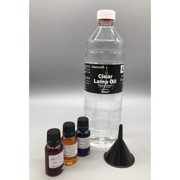 SMOKELESS AND ODOURLESS CLEAR LAMP OIL - 1 LITRE - PLUS 3 COLOUR DYE PACK FOR COLOURING LAMP OIL. with FREE funnel