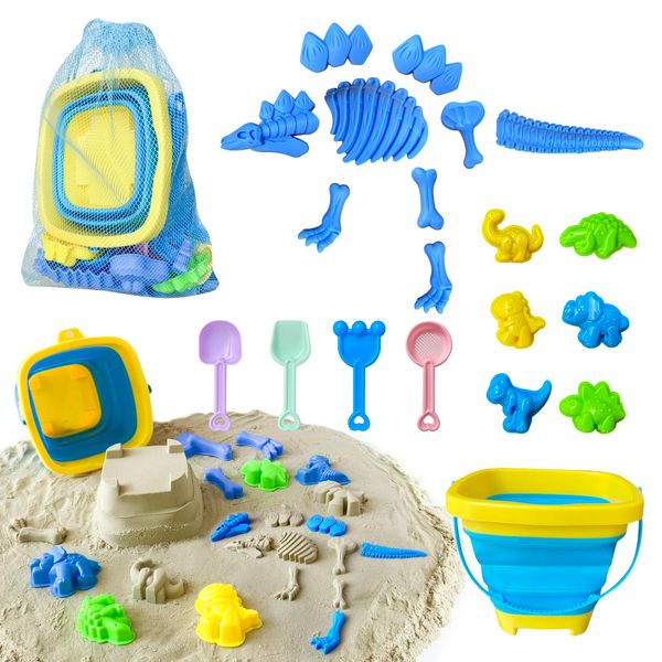 Kleeblatt Beach Toys for Kids Ages 4-8-12, 12pcs Sand Toys Include Collapsible Sand Buckets,Dinosaur Skeleton and Molds,Shovels and Mesh Beach Bag,Outdoor Summer Travel Pool Water Travel Beach Toys