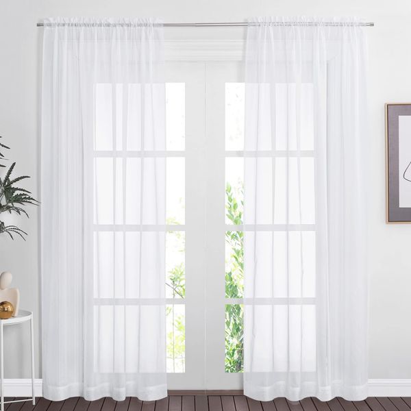 PONY DANCE White Voile Curtains for Bedroom - 84 Inch Drop Net Curtains Privacy Screen Woven Voile Dual Slot Top Panels for Home Decoration, 2 Panels, 60 Inch