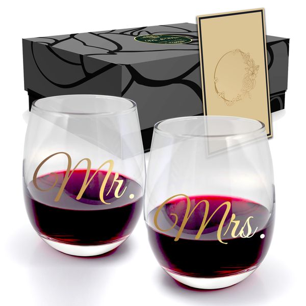 Triple Gifffted Gold Mr and Mrs Wine Glasses Gifts for Wedding Anniversary, Engagement, His and Her, Bride & Groom, Couples, Parents, Christmas, Valentines Presents, Glass, 550ML