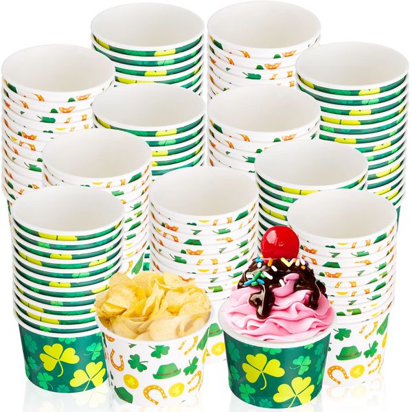 Zopeal 80 Pcs 9 oz Paper Ice Cream Cups Disposable Dessert Bowls Clover Disposable Soup Bowls Paper Cups Disposable Cups for Sundae, Yogurt, Soup St Patrick's Day Party Supplies