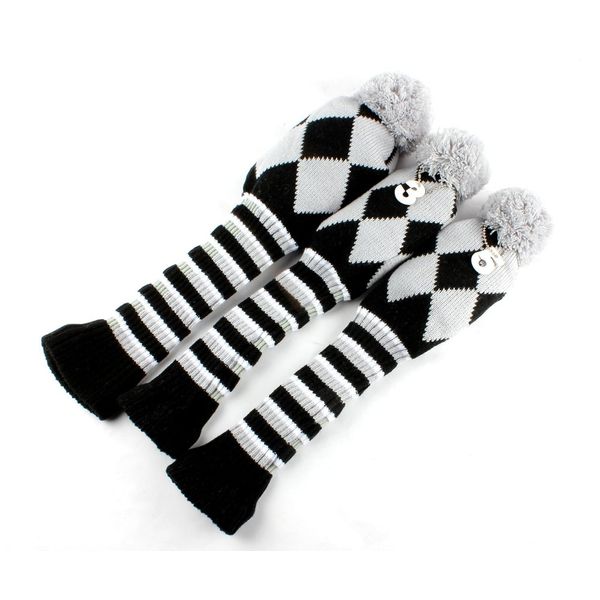 Craftsman Golf Knit 3pcs Headcover Set Vintange Pom Pom Sock Covers 1-3-5 Gray & Black New