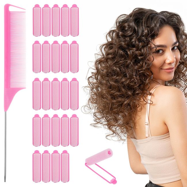 24Pcs Sponge Hair Rollers Set, Small Self Grip Heatless Foam Hair Curlers Rollers for Long Hair,Medium and Short Hair, No Heat Hair Curlers Hair Volume with Pintail Comb for Women Hair Styling Pink