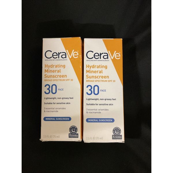 (2 Pack) Cerave Hydrating Mineal Sunscreen Face SPF 30 Lightweight 2.5 oz