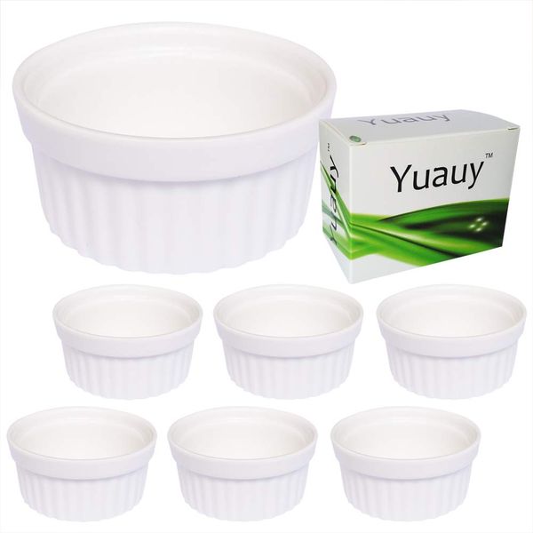 Yuauy 6 pcs Porcelain Souffle Dishes Ramekins Dipping Sauces Baking and Cooking Bakeware Baking Cups Bowls White for Pudding Desserts Creme