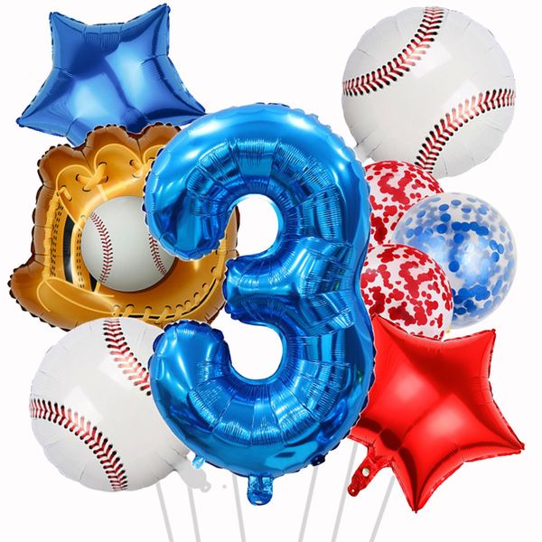 HADCKJA Baseball Balloons Baseball Birthday Party Supplies with 3rd Balloon Baseball Glove Balloon Red Blue Star Red Blue Confetti Balloon for Boy Shower Decorations Birthday Party Decorations 9Pcs