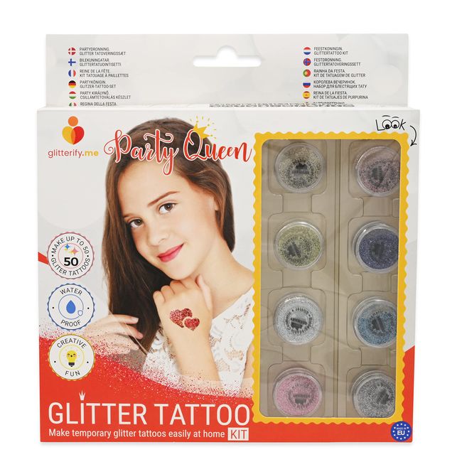 Partykönigin Glitzer-Tattoo-Set mit biologisch abbaubarer Glitzer – Hergestellt in der EU, kosmetische Qualität – Glitzer-Tattoo-Set für Mädchen, für Kinder, gut für die Umwelt