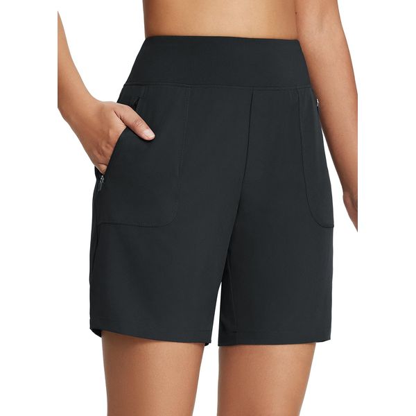 BALEAF Sporthose Damen kurz 7" Laufhose kurz Sportshorts mit Handytasche Sommershorts Schnelltrocknend Bermuda Shorts Knielange Running Shorts high Waist Trainingsshorts Gym Outdoor Schwarz XXL