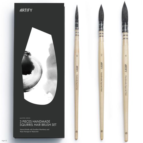 ARTIFY 3PCS Professional Natural Squirrel Hair Quill Round Fine Tip Detail Watercolor Brush Set | Ideal for Watercolor and Gouache Painting | Sizes #0, #2, #4
