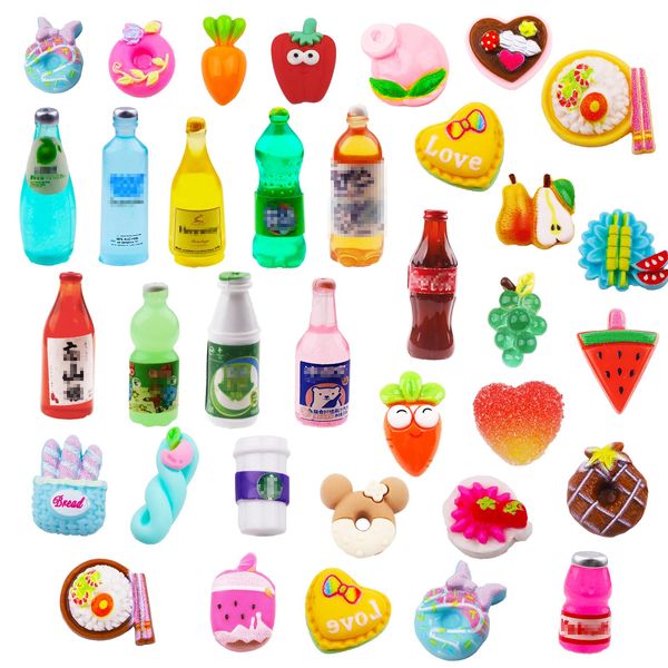 MEMOVAN 50pcs Miniature Food Drink Bottles Dollhouse Soda Pop Cans Pretend Play Kitchen Cooking Game Party Accessories Toys Mini Fake Cake Fruit Vegetable Bread Doll House Landscape