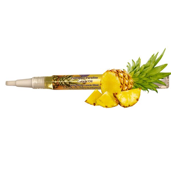 Pineapple Paradise. Pineapple Scented Cuticle Oil. Natural Ingredients. Vegan & Cruelty Free. 3ml Twist Pen for Easy Application. Moisturising, Nourishing, Conditioning. Fresh & Fruity