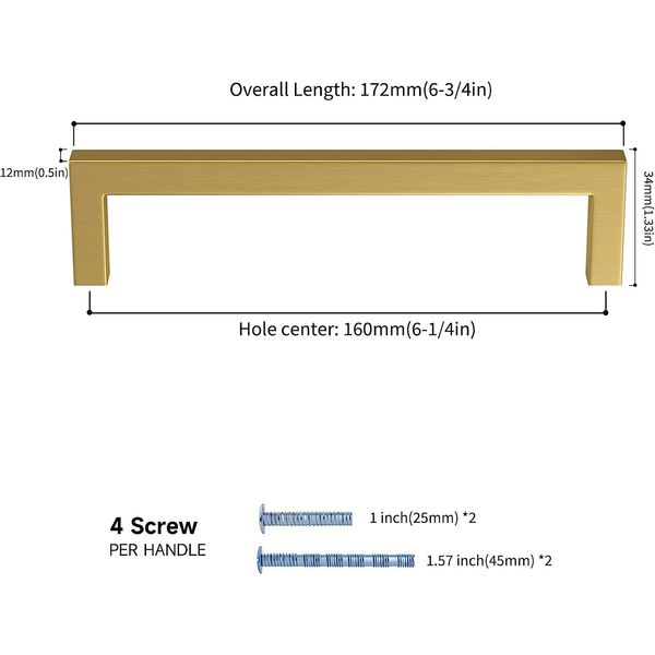 LONTAN 5 Pack Gold Cupboard Handles 160mm Gold Kitchen Handles Brass Cupboard Handles Gold Cabinet Handles Brass Kitchen Handles Square Cabinet Door Handles