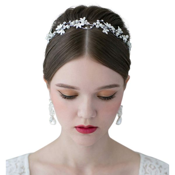 SWEETV Bridal Pearl Headband Silver-Leaf Crystal Bridal Headpiece Wedding Hair Accessories Jewelry Tiara for Women