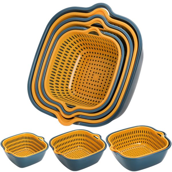 SOUJOY 6 Pack Vegetable Washing Basket, 2-in-1 Drain Colander Bowl Set, Kitchen Fruit Washing Bowl and Strainer, Drain Basin and Basket for Food Vegetables Cleaning Washing