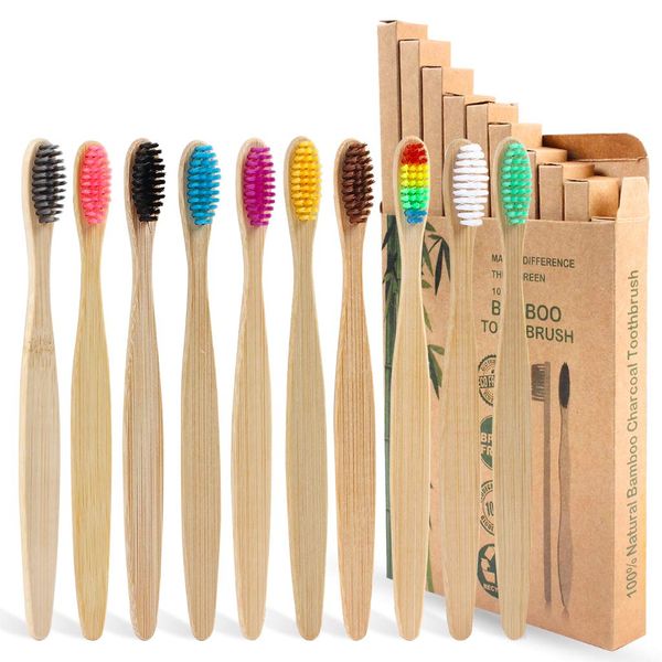 SWKJ Bamboo Toothbrushes with Soft Bristles,10 Packs of Organic Natural Adult Kids Bamboo Soft Toothbrush, Eco-Friendly and Plastic Free Packaging for Family, Travel(Multicolor)