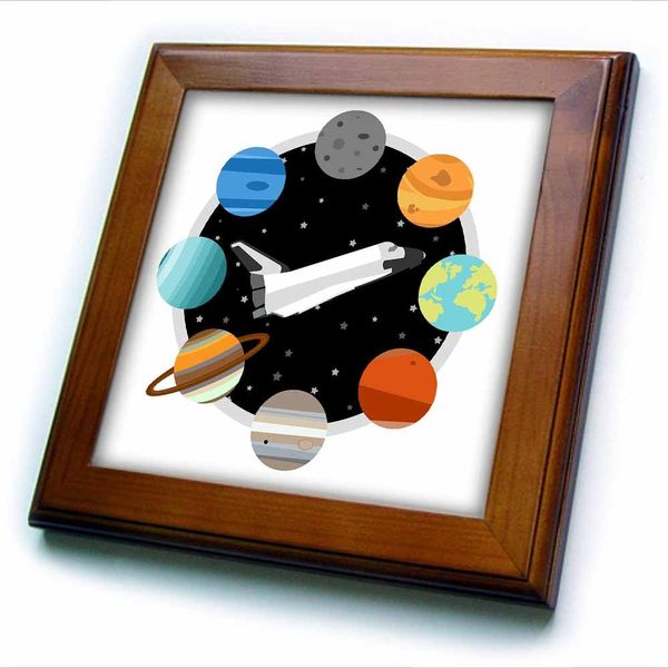 3dRose 8x8 Framed Tile - Space Shuttle and Solar System Designs Outer Space