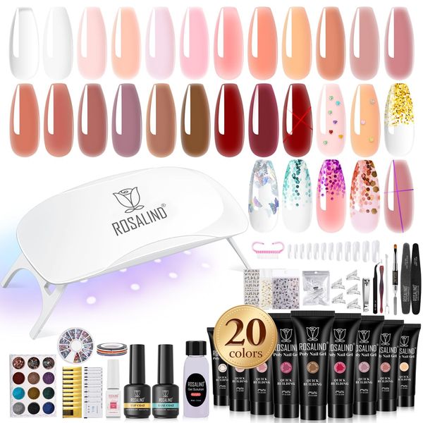 ROSALIND Poly Nail Gel Kit -20 Colors + 76 Nail Art Accessories kit Clear Nude Poly Nails Gel Kit Starter Kit With Slip Solution Pro Nude Pink Nail Extensions Gel Set with Mini UV Lamp