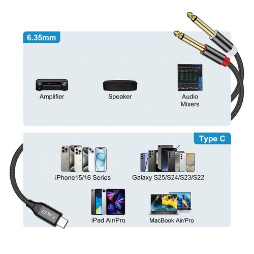 J&D USB C to Dual 6.35mm 1/4 inch Stereo Splitter Y Cable, USB Type C to Dual 6.35 mm 1/4 inch TS Audio Cord for iPhone 15/15 Plus/15 Pro/15 Pro Max, Tablet, Laptop, Amplifier, Mixer, 3.3 Feet
