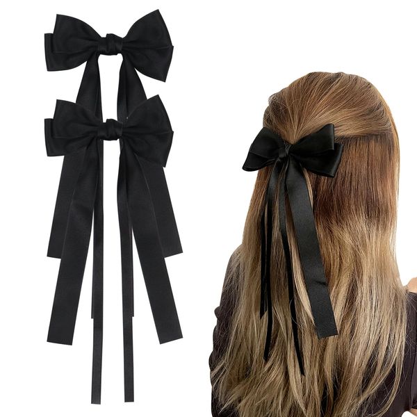 2Pcs Bow Hair Clips, Hair Bows with Long Ribbons Satin Ribbon Hair Bows for Women Girls(black)