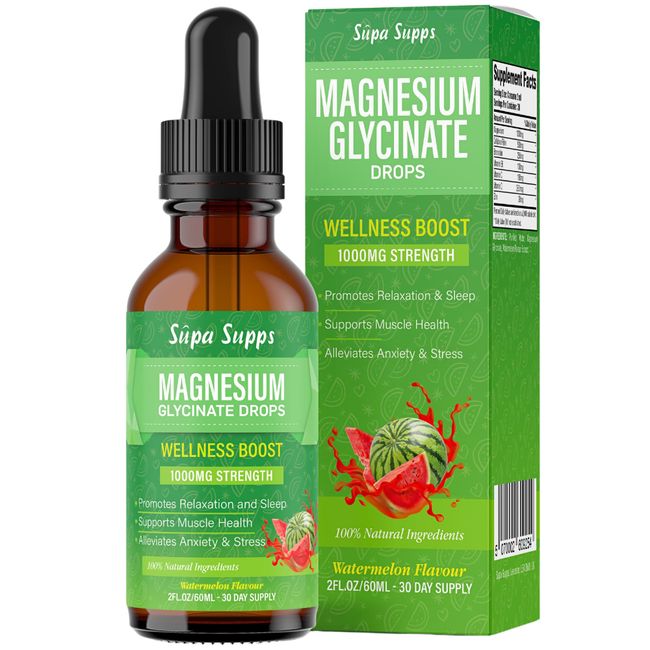 Magnesium Glycinate Liquid Drops 1000MG - Watermelon Flavour 60ml | Enhanced with Vitamins & Zinc, Daily Liquid Magnesium Supplement for Improved Sleep & Relaxation, Magnesium Glycinate Sleep Support