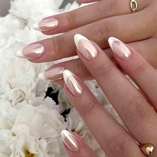 Foccna 24Pcs French Press on Nails Medium, White Fake Nails Almond Nails Glazed, Glossy False Nails, Acrylic Nails for Women and Girls