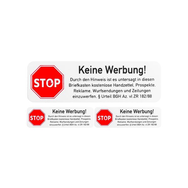 Briefkastenaufkleber "Keine Werbung", 3 Stück, 67 x 21 mm, selbstklebende Folie mit BGH Hinweis, Hinweisschild Sticker für Innen- und Außenbereich, Keine Werbung Aufkleber Tattoo Schild Briefkasten