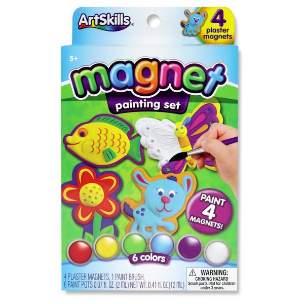 ArtSkills Paint Your Own Magnets, Arts and Crafts Supplies, Paint Brush, Paint Pots, with Included Designs, 4 Count