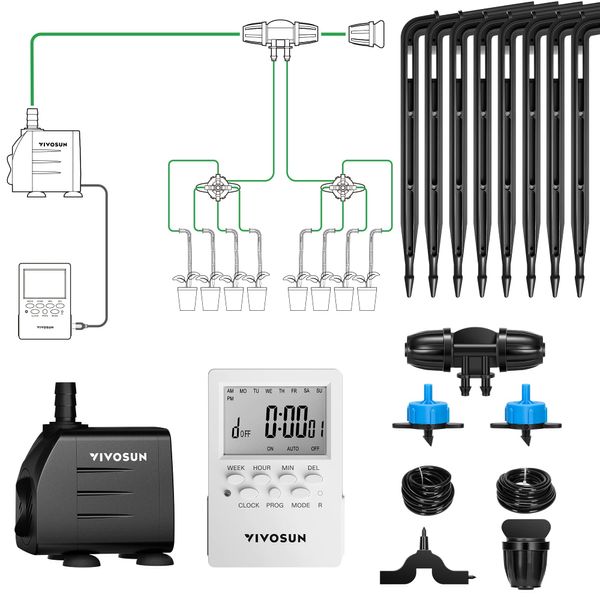 VIVOSUN Professional Automatic Drip Irrigation Kits, 15W Output, All in One Professional Grow Kit- Includes Pump, Timer and Regulator, 8 Pots Garden Plant Watering System, Plant Waterer Indoor Outdoor