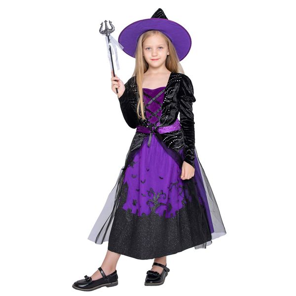 WESPREX Cauldron Witch Costume Set for Girls with Hat & Magic Wand (Small)