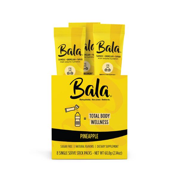 BALA Hydration Turmeric Drink Mix Packet | Sugar-Free Electrolyte Powder, Muscle Recovery, Immune Support, Joint Relief | Plant-Based Enzymes, Bromelain, Papain, Curcumin (Pineapple 8 Pack)